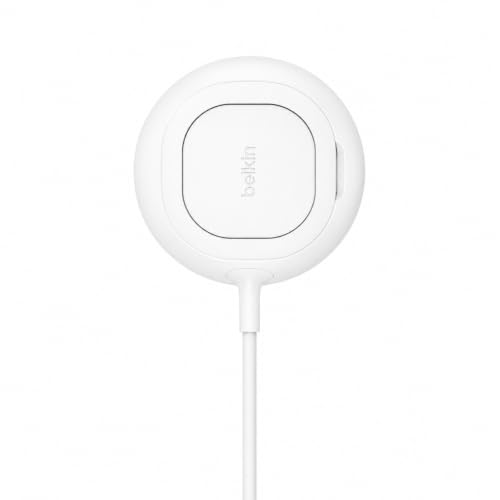 Image of Belkin MagSafe Qi2.2 25W Wireless Charger, Fast Wireless Charging Pad with Kickstand - White | Qi2 25W fast charging with ChillBoost cooling, 2m cable, kickstand, built-in finger loop, 85% recycled plastic housing