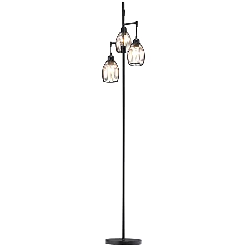 HOMCOM Stehlampe 3-flammige Stehleuchte Retro Dimmbare Lichtstärke Standleuchte mit Tritt-Schalter im Industrie-Design Wohnzimmerlampe Stahl Schwarz 30 x 30 x 170,5 cm
