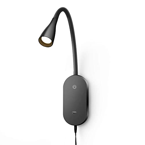 Wall Reading Light, Book Light for Reading in Bed, Touch Control USB Output Modern Reading Lamp,5 Dimmable LED Flexible Gooseneck 4000k Bed Lights, Easy to Install Black Black-4000K-1 Pack