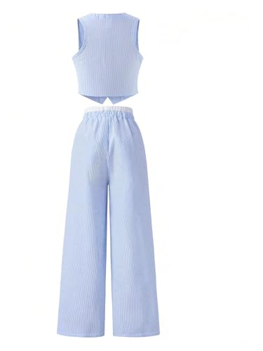 Image of Floerns Girl's 2 Piece Outfits Elegant Striped Sleeveless Suit Vest & Long Elastic Casual Pants Set