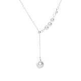 FLUIDABLE Cora White Gold Plated S925 Sterling Silver Real Freshwater Pearls Solitaire Y Pendant Necklace, Pearl June Birthstone Charm Drop Necktie Necklaces, Gift For Women On Anniversary(Silver)