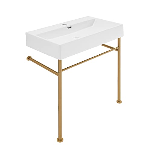 Claire 30" Ceramic Console Sink White Basin Brushed Gold Legs #TOP6