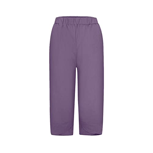 Vrvtoov Womens Lightweight Cotton Linen Capris Elastic Waist Baggy Breathable Comfy Capri Trousers Summer Lounge Pants Purple #TOP2