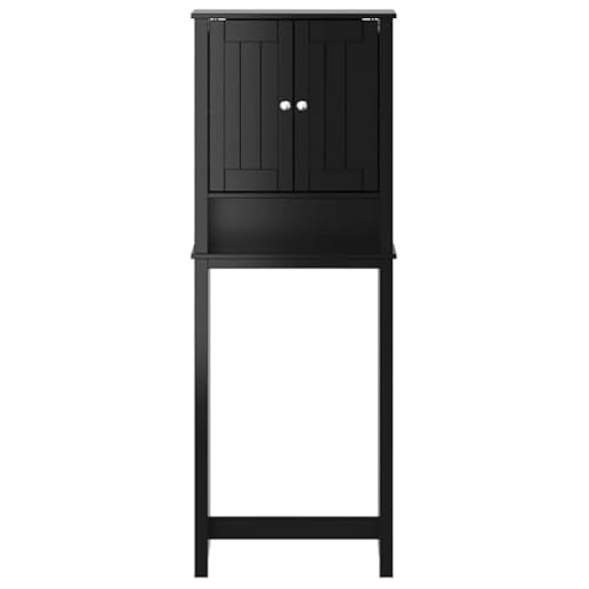 Over-The-Toilet Storage Cabinet, Black Solid Pine Wood Bathroom Organizer, Modern Freestanding Furniture Unit with Doors