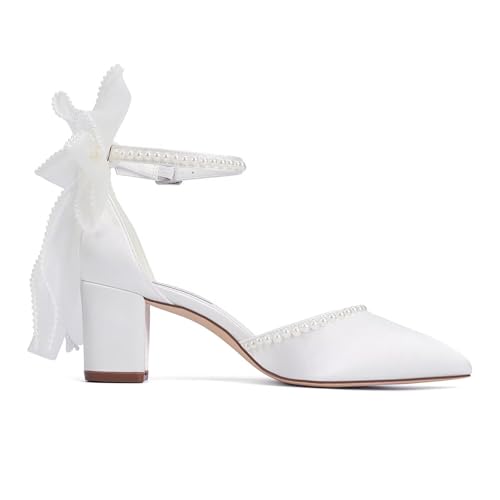 Image of Block Heel Wedding Shoes for Bride Closed Toe Wedding Heels with Bow Pearl Bridal Shoes