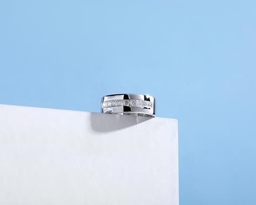 Sterling Silver & 18K White Gold Plated Moissanite Princess Cut Channel Set Wedding Band - Men's DEF Color Moissanite Half Eternity Ring2