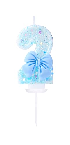 EAKE Vela de cumpleaños número 2 con lazo azul con purpurina número 2, vela de cumpleaños para niña, tema dulce pastel, decoración de pastel para fiesta de cumpleaños
