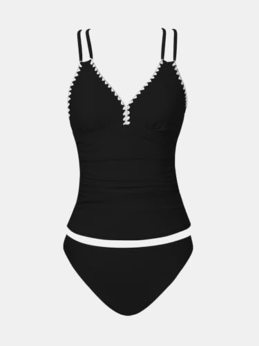 CUPSHE Women's Tankini Set Two Piece Bathing Suit Tummy Control Crisscross Back Tie Mid Rise Ruched, M Black - Image 6
