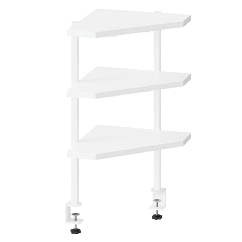 MAHANCRIS Clamp on Desk Corner Organizer 3-Tier Desktop Shelf Adjustable Desk Corner Storage Shelf with Metal Frame for Office Game Room White DSWT5501