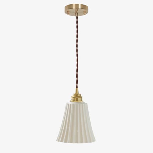 Pendant Light,Brass Ceramic Hanging Lamp Kitchen Island Lighting Fixture Ribbed Suspension Lamps White Drop Ceiling Lights for D
