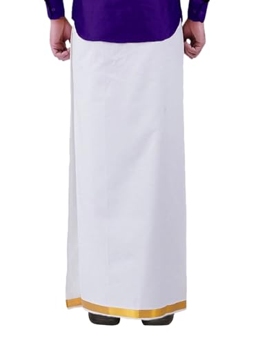 Image of PRAKASAM COTTON -Welcro pocket dhoti for mens /Jari border welcro pocket Stitched Dhoti for Mens