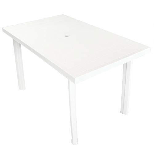 A Sturdy and Stylish White Plastic Patio Table with an Umbrella Hole
