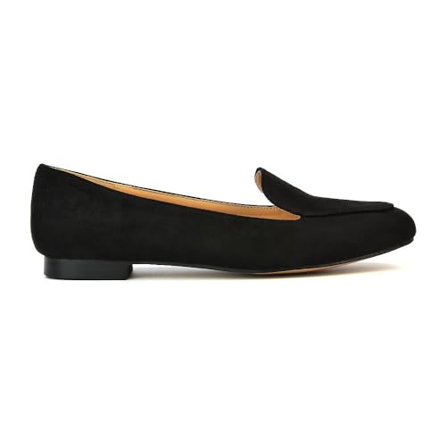 Essex Glam flache Slipper für Damen, Mokassins, Pumps, Schwarz - schwarzes Wildlederimitat - Größe: 39 EU