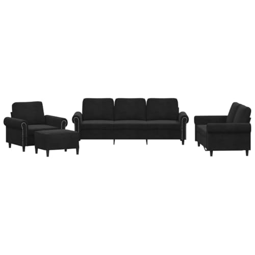 vidaXL Sofagarnitur 4-TLG., Sessel Couch mit Kissen Fußhocker, Sofa Wohnzimmersofa mit Armlehnen, Couchgarnitur Designsofa Sitzmöbel Polstermöbel, Schwarz Samt