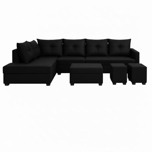 Image of SOCOZI Oriana 8 Seater LHS L Shape Sofa Set | Velvet Suede Fabric L Shape Sofa for Livingroom with 2 Ottoman & Centre Table | (Black)