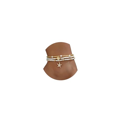 Image of Qceasiy Bead Ankle Bracelets Set For Women, Adjustable Gold Plated Boho Shell Anklet, Hawaiian Beach Seashell Pearl Disc Starfish Conch Foot Jewelry, Summer Fashion Gifts