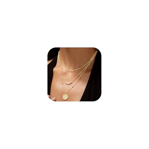 Dainty Gold Layered Necklaces for Women,14k Gold Plated Necklace Stack Disc Circle Heart Pendant Cuban Herringbone Paperclip Twisted Rope Chain Necklaces,Gold Jewelry Gift for Women