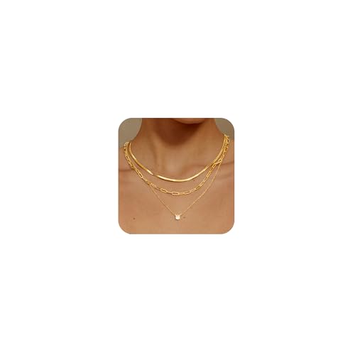 MBW Gold Layered Set Necklaces for Women, Dainty 14K Gold Plated Layered CZ Pendant Necklaces Simple Gold Herringbone Snake Choker Cuban Link Paperclip Chain Necklace Jewelry Sets for Women Girls