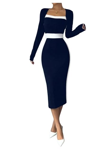 SOLY HUX Women's Midi Dress Color Block Square Neck Long Sleeve Bodycon Dresses Dark Blue and White Large