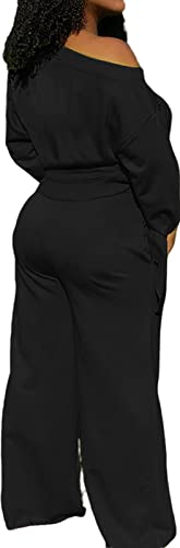 Sexycherry Casual 2 Piece Tracksuits For Women Long Sleeve Off Shoulder Sweatsuit With Bandage Long Pants Wide Leg Loose Joggers With Drawstrings Pockets #TOP2