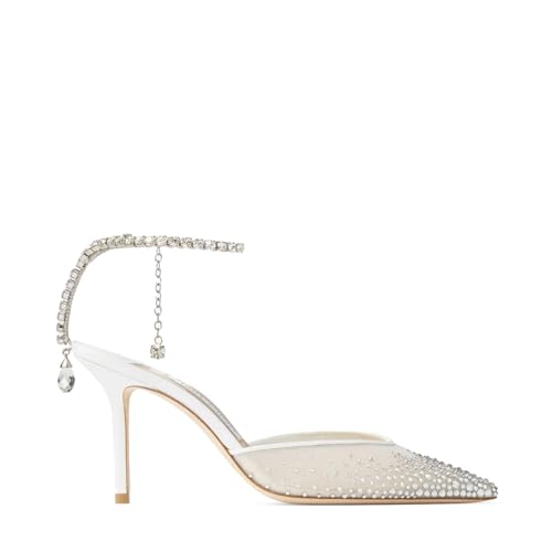 Women's Crystal Slingback Pumps Closed Toe Ankle Strap High Heels - Elegant Mesh Pointed Toe 3.3‘’ Stiletto Heels Rhinestone Pumps Shoes for Wedding, Evening Party