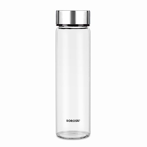 Borosil 550ml Neo Water Bottle | Borosilicate Glass Wide Mouth Bottle for Fridge | Extreme Temperature Resistant For Hot & Cold Water, Milk, Lassi, Juice | Transparent (Silver, 550, Milliliters)