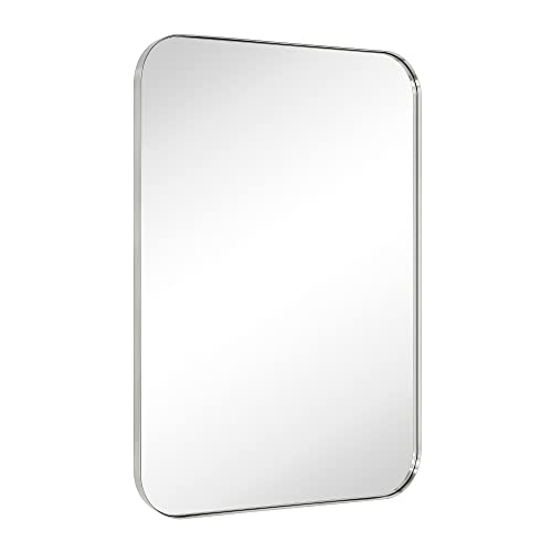 Vana Nala 30X40'' Brushed Nickel Rounded Rectangle Bathroom Vanity Wall Mirror Stainless Steel Metal Framed Rectangular Bathroom Mirror, Vertical And Horizontal Hanging #TOP3