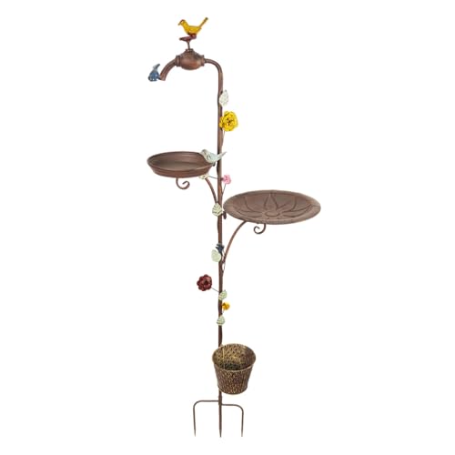 Bird Feeding Station Kit with Bird Baths for Outdoors, 59”H Pole with 3 Base Prongs, Retro Faucet Shape with Metal Flower Pot for Your Garden Yard Patio Lawn Decoration (Industrial Style)