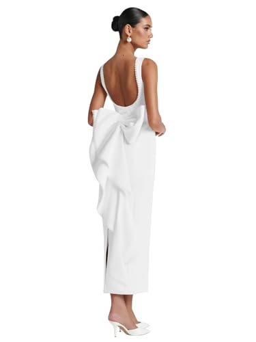 Satin Wedding Dresses for Women 2025 Midi Pearl Prom Cocktail Gown with Bow