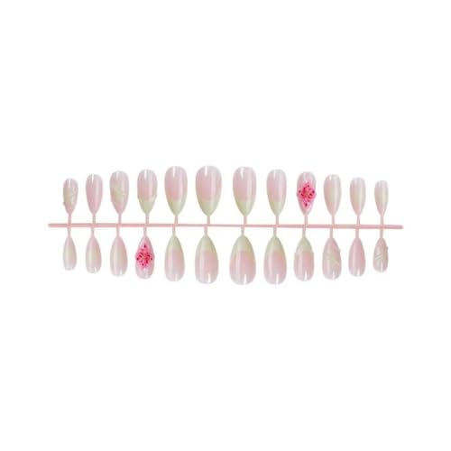 Image of Flower Press on Nails White French Tip Fake Nails Spring Nail Press ons 3D Floral Glue on Nails Medium Almond False Nails Glossy Artificial Acrylic Full Cover Stick on Nails for Women Manicure 24Pcs