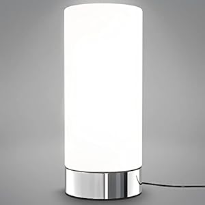 B.K.Licht – Nachttischlampe mit Touch, Dimmbar, E14 Fassung, Zylinder Glas weiß, Tischlampe, Lampe, Nachttischleuchte, Tischleuchte, Bürolampe, Leselampe, Leselicht, 24,5×11 cm (DxH), Chrom-weiß