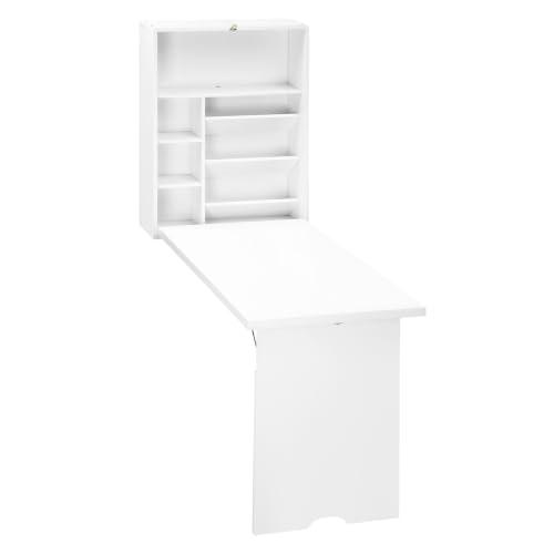 HOMCOM Wall Mounted Fold Out Convertible Desk with Storage Shelf White