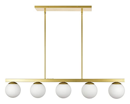 Linea Di Liara Caserti Globe Linear Pendant - Satin Brass Mid Century Modern Farmhouse Chandelier - 45 Inch 5 Light Rectangle Dining Room Fixture W/ Frosted Glass Shades #TOP12