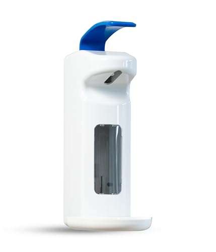 Hygiene365® Desinfektionsspender SD2015, Armhebelspender manuell für 500-1000ml – Eurospender, nachfüllbar (Weiß mit blauem Armhebel)