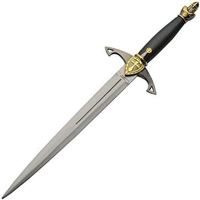 SZCO Medieval Knights – 13" Decorative Stainless Steel Dagger with Black Handle, Gold & Silver Guard, and Black Scabbard – Historical Collectible Dagger for Display, Cosplay & Gifts
