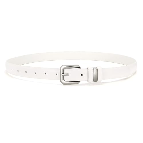 XZQTIVE Women Leather Belt for Jeans Pants Dresses Fashion Ladies Skinny Leather Belt with Silver Buckle,White