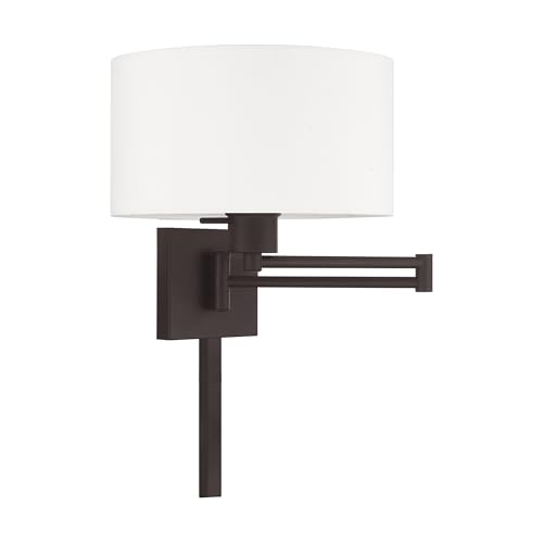 Image of Livex Lighting 40036-07 1-Light Swing Arm Wall Light, Bronze | Off-White Fabric Shade