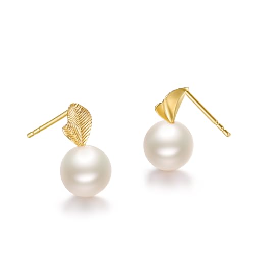 18K Gold Earrings Pearl Drop Earrings Studs Yellow Gold Women Stud Earrings Leaf Studs for Women Her KHPB095120