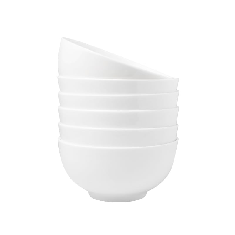 Fine Bone China Bowl 6 Inches Set of 6 Fine Glaze With Pure White Color Easy to Clean Thin Thickness and Light Weight Service for Salad Rice Soup and Pasta Microwave and Dishwasher Safe