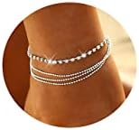 JECOMY Dainty Anklet for Women Silver Anklet Waterproof Ankle Bracelets Layered Cubic Zirconia Rhinestone Anklet Cute Beaded Tennis CZ Link Chain Anklets Jewelry Gift for Girls