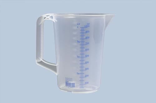 hünersdorff Messbecher 1l | Polypropylen (PP) | bruchsicher und spülmaschinengeeignet | geschlossener Griff | blaue Skala, Transparent+blau
