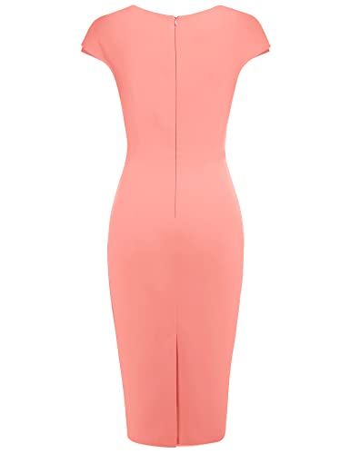 Muxxn Women's Cap Sleeve V Neck Retro 1950S Midi Vintage Cocktail Formal Wedding Guest Sheath Pencil Dress Peach L #TOP27