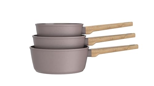 Arthur Martin - Juego de 3 cacerolas de 16, 18 y 20 cm - Aluminio forjado con revestimiento cerámico antiadherente - Mangos de baquelita con efecto madera - Aptas para todo tipo de cocinas - marrón