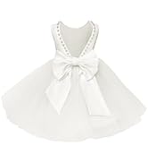 Inpown Flower Girl Dress Pearls Satin Tulle First Communion Dress for Girls Birthday Party Knee L...