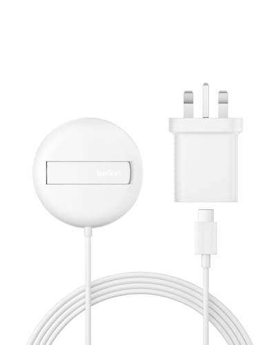 Belkin Magnetic Wireless Charging Pad 15W with Pop-Up Stand - MagSafe-Compatible Certified Qi2 Wireless Charger for iPhone 17 Air 16 15 Pixelsnap Samsung Galaxy AirPods with PSU Included - White