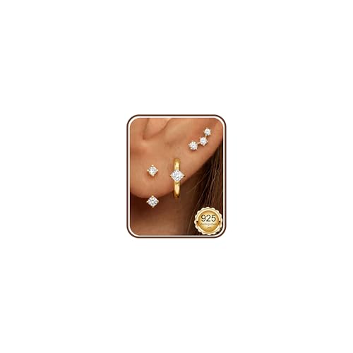 JeweBella 3Pares Pendientes Mujer Plata de Ley 925 Chapada en Oro de 14K Pendientes Pequeños Circonita Pendientes Aro Juego para Múltiples Piercings