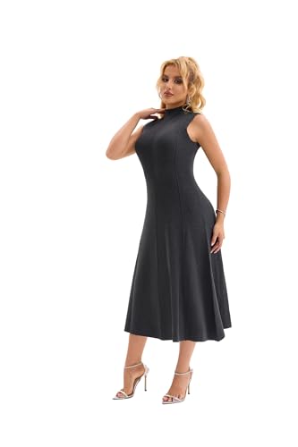 Froggirl Women's Sleeveless Turtle Neck Midi Dress Elegant A-Line Fit Stretchable Ribbed Sweater Dress for Fall Winter 20253