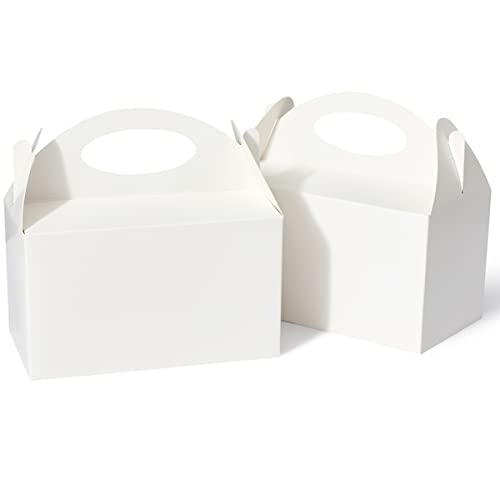 Happyhiram 50 Pcs Party Treat Boxes - White 6 Inch Candy Boxes with Handle - Paper Cookie Gift & Snack Goodie Bags for Kids Birthday Baby Shower Wedding