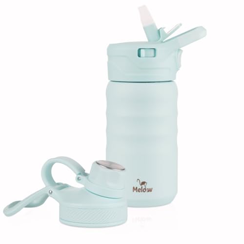 MELOW 12 oz Kids Water Bottle, Stainless Steel Insulated with Straw and Chug Lid, 2 Lids, Leak-Proof, Easy to Clean, Perfect for School, Camp, Water, Milk, Juice (Seablue)