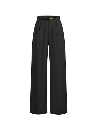 GORGLITTER Women's Plicated Straight Leg Trousers Mid Rise Belted Elegant Work Office Business Pants Black Large